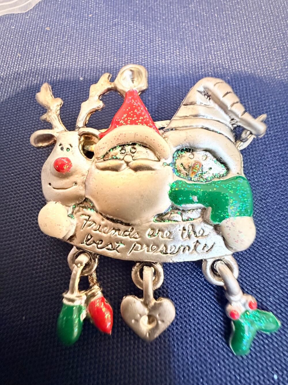 Vintage Santa Reindeer Snowman Christmas Brooch Dangles